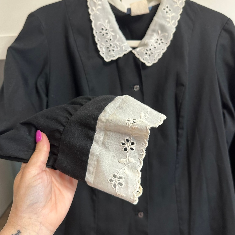 VTG 60s/70s Black Nurses Dress Womens 14 Lace PeterPan Collar Wednesday Addams - Picture 7 of 16